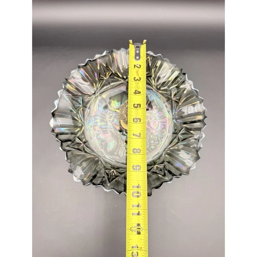 Vintage Carnival Glass Grape Iridescent Candy Dish Brass‎ Pedestal Base Ruffled